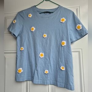 Zara Light Blue Crew Neck Top Shirt With Flower Floral Crochet Applique
